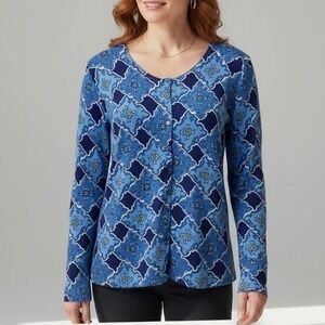 Charter Club Woman Blue Geometric Medallion Button Front Cardigan Sweater 3X